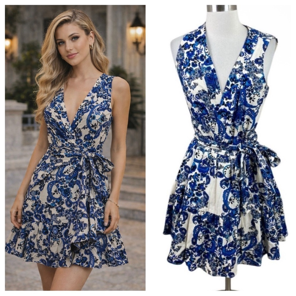 Christian Lacroix Blue and Cream paisley Floral wrap Dress 2300